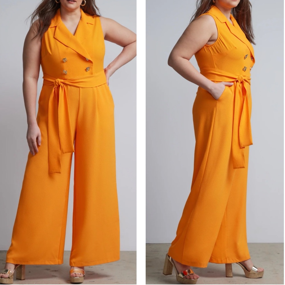 New York & Company NEW Neon Orange Crush Belted Blazer Style Jumpsuit Size Small